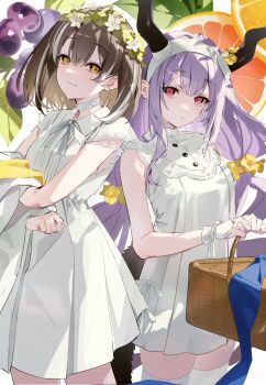 Rule 34 | 2girls, arknights, basket, black horns, brown hair, choker, closed mouth, commentary, cowboy shot, dress, earrings, flower, hair between eyes, hair flower, hair ornament, hairband, head wreath, highres, holding, holding basket, holding picnic basket, horns, jewelry, long hair, looking at viewer, magallan (arknights), multicolored hair, multiple girls, picnic basket, purple hair, red eyes, short dress, short hair, smile, standing, streaked hair, symbol-only commentary, tail, thighhighs, typhon (arknights), white choker, white dress, white flower, white hair, white hairband, white thighhighs, yellow eyes, yellow flower, yuuki uyu