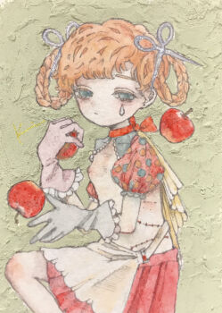 1girl acrylic_paint_(medium) apple apron blunt_bangs blush bow braid choker closed_mouth commentary_request dress feet_out_of_frame food fruit gloves hair_bow hair_ribbon highres karintoun loli looking_at_viewer nipples orange_hair original painting_(medium) pale_skin red_dress ribbon sad scissors short_hair signature simple_background sitting skirt tears traditional_media watercolor_(medium)