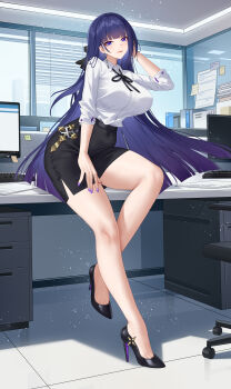 1girl absurdres desk highres honkai_(series) honkai_impact_3rd light_smile long_hair looking_at_viewer miniskirt office purple_eyes raiden_mei skirt wu_ganlan_cai
