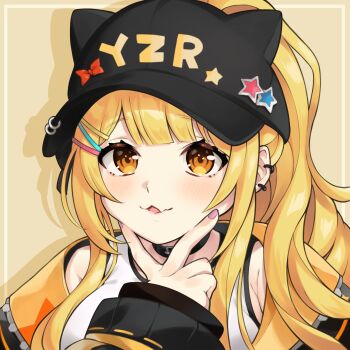 1girl :3 animal_hat baseball_cap black_choker black_collar black_hat black_jacket blonde_hair blunt_bangs border breasts cat_hat choker collar drop_shadow ear_piercing fang hair_ornament hairclip hairpin hat highres hololive jacket large_breasts long_hair long_sidelocks multiple_hairpins multiple_piercings nail_polish official_alternate_costume official_alternate_hair_length official_alternate_hairstyle open_clothes open_jacket pierced_hat piercing pink_nails portrait rena_sakuma sidelocks simple_background skin_fang solo streetwear swept_bangs tank_top two-sided_fabric two-sided_jacket v v_over_mouth virtual_youtuber white_tank_top wide_ponytail yellow_background yellow_eyes yozora_mel yozora_mel_(streetwear)