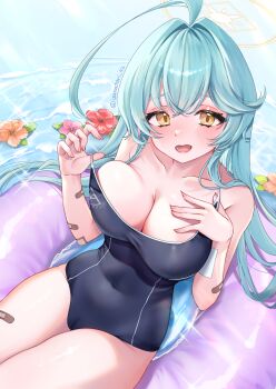 1girl ahoge aqua_hair artist_name bandaid bandaid_on_arm bandaid_on_thigh black_one-piece_swimsuit blue_archive blush breasts cleavage clothes_pull commentary_request covered_navel flower hair_intakes halo highres innertube isanatori large_breasts long_hair looking_at_viewer on_innertube one-piece_swimsuit one-piece_swimsuit_pull open_mouth pulling_own_clothes solo swim_ring swimsuit thighs yellow_eyes yellow_halo yume_(blue_archive)