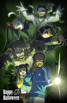 &gt;_&lt; 1girl 5boys absurdres animal_ears animal_hands arm_up arms_up bandages beard black_cape black_hat black_skirt blonde_hair blood blood_from_mouth blue_eyes blue_jacket braid brown_eyes brown_hair cape closed_eyes collared_cape dark-skinned_male dark_skin double_bun ed_(street_fighter) english_text eyeliner facial_hair flashlight goggles goggles_on_head hair_bun halloween halloween_costume happy_halloween hat highres holding holding_flashlight jacket jamie_siu jiangshi li-fen long_sleeves looking_at_another luke_sullivan makeup multiple_boys mummy mummy_costume mystical_high_collar ofuda ofuda_on_head one_eye_covered open_mouth outstretched_arm partially_shaded_face player_character_(street_fighter_6) pleated_skirt qingdai_guanmao rashid_(street_fighter) sach56000 short_hair shoulder_tattoo single_bang skirt sleeve_cuffs star_(symbol) street_fighter street_fighter_6 striped_sleeves tattoo teeth tongue track_jacket two-sided_cape two-sided_fabric vampire vertical-striped_sleeves werewolf wolf_ears zipper zipper_pull_tab