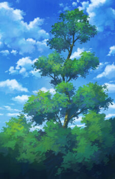 Rule 34 | aoha (twintail), blue sky, cloud, commentary request, day, highres, nature, no humans, original, outdoors, plant, plant focus, scenery, sky, tree