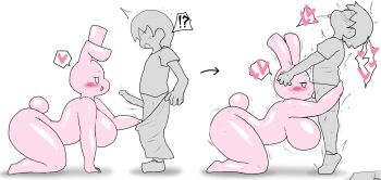 1boy 1girl all_fours enigi09 fellatio nipples nude oral original shota smile white_background