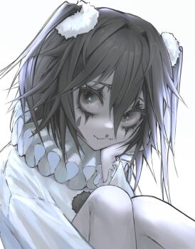 1girl black_eyes black_hair closed_mouth collar double-parted_bangs facial_mark hair_between_eyes hair_ornament hand_on_own_cheek hand_on_own_face highres long_sleeves looking_at_viewer makeup mdm4 medium_hair original shirt simple_background smile solo teardrop_facial_mark upper_body white_background white_collar white_shirt