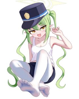 1girl :d absurdres armpits bare_arms bare_shoulders black_hat black_shorts blue_archive blush breasts cleavage collarbone commentary_request crossed_ankles earrings fang feet film_grain fingernails full_body green_hair green_halo green_nails hair_between_eyes halo hand_up hat highres jewelry knees_up loli long_hair looking_at_viewer nail_polish no_shoes nozomi_(blue_archive) nyatako open_mouth pantyhose pantyhose_under_shorts peaked_cap pointy_ears shirt shorts sidelocks simple_background sitting skin_fang sleeveless sleeveless_shirt small_breasts smile soles solo tank_top toes tsurime twintails very_long_hair white_background white_pantyhose white_shirt yellow_eyes
