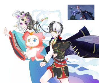 Rule 34 | 1boy, 1girl, absurdres, animal, bell, belt, black bridal gauntlets, black hair, black shirt, black shorts, blue coat, blue eyes, blue hanfu, bridal gauntlets, cat, chinese clothes, chinese commentary, chinese hairpin, clenched hand, cloak, closed mouth, clothed animal, coat, coat on shoulders, collared shirt, commentary request, derivative work, determined, ear covers, earrings, eyelashes, eyes visible through hair, fleeing, floating clothes, flower, game screenshot inset, grey belt, grey socks, hagoromo, hair ornament, hair rings, hairpin, half updo, hand on own stomach, hanfu, hat, hat flower, heterochromia, highres, hood, hood up, hooded cloak, infinity nikki, jewelry, jumping, kenozro, kneehighs, lipstick, long sleeves, looking at another, lotus, makeup, mandarin collar, momo (nikki), multicolored hair, multiple hairpins, neck bell, nervous, nikki (series), pink eyes, pink lips, pointing, pointing forward, purple eyes, red cloak, red flower, screenshot inset, screenshot redraw, shawl, shirt, short hair, shorts, simple background, single earring, socks, split-color clothes, split-color hair, tan youyou (infinity nikki), tassel, tassel earrings, two-tone hair, two-tone shirt, where wanxiang weaves life (infinity nikki), white background, white cat, white hair, white shirt, wide-eyed, wide sleeves, yellow eyes