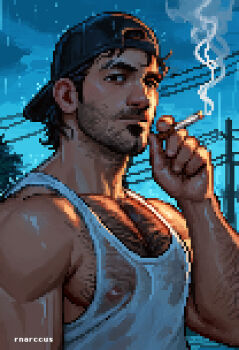 1boy bara beard_stubble facial_hair hairy large_pectorals looking_at_viewer male_focus marcus_(rnarccus) mature_male muscular muscular_male neckbeard night original pectoral_cleavage pectorals pixel_art see-through_clothes shirt short_hair sidepec smoking solo stubble tank_top thick_chest_hair thick_eyebrows upper_body wet wet_clothes wet_shirt white_tank_top