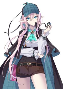1girl absurdres aqua_ascot aqua_hat aqua_nails ascot belt black_belt black_cloak black_corset blue_eyes book breasts brown_shorts cloak corset crossed_arms em-2_(girls&#039;_frontline) em-2_(silver_bullet)_(girls&#039;_frontline) feet_out_of_frame girls&#039;_frontline hat highres holding holding_smoking_pipe long_hair long_sleeves looking_at_viewer monocle nail_polish official_alternate_costume open_mouth pink_hair pointy_ears shirt shorts sidelocks small_breasts smoking_pipe solo standing suprii white_background white_shirt