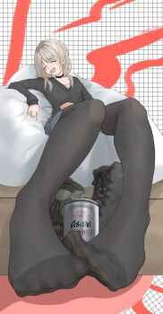 1girl absurdres beer_can black_pantyhose blush boots can closed_eyes drink_can drunk feet girls_band_cry grey_hair highres hololens kawaragi_momoka long_hair open_mouth pantyhose shoes toes unworn_boots unworn_shoes