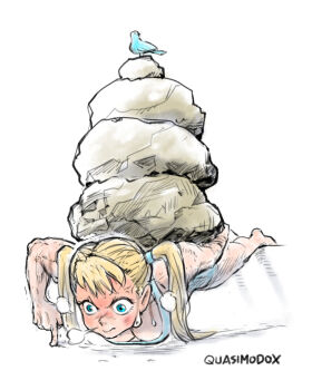 1girl anger_vein bird blonde_hair blue_bodysuit blue_eyes bodysuit breasts clean exercising finger_push-ups highres medium_breasts push-ups quasimodox rainbow_mika rock solo street_fighter twintails