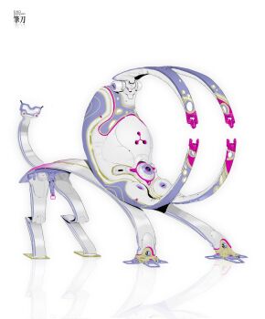 1other abstract artist_name blue_eyes daopenpen full_body highres machine no_humans non-humanoid_robot original reflection robot science_fiction simple_background single_eye tail white_background