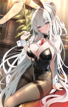 1girl absurdres animal_ears bare_shoulders between_breasts black_bow black_bowtie black_pantyhose blush bow bowtie breasts card card_between_breasts cleavage collar collarbone covered_navel cue_stick detached_collar highleg highleg_leotard highres hiragi_ringo holding_cue_stick indoors large_breasts leotard long_hair looking_at_viewer open_mouth original pantyhose plant playboy_bunny pool_table potted_plant rabbit_ears sitting smile solo strapless strapless_leotard table teeth very_long_hair white_hair white_wrist_cuffs wrist_cuffs