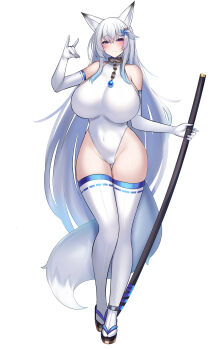 Rule 34 | 1girl, absurdres, animal ears, bare shoulders, blush, breasts, collar, commentary request, covered navel, fox ears, fox girl, fox shadow puppet, fox tail, from behind, full body, grey hair, hair ornament, highleg, highleg leotard, highres, holding, holding sword, holding weapon, huge breasts, katana, kutan, leotard, long hair, looking at viewer, mizuki (kutan), multiple views, original, pinwheel, pinwheel hair ornament, purple eyes, ribbon-trimmed thighhighs, ribbon trim, sandals, sheath, sheathed, simple background, smile, standing, sword, tachi-e, tail, thighhighs, turnaround, very long hair, weapon, white background, white hair, white thighhighs