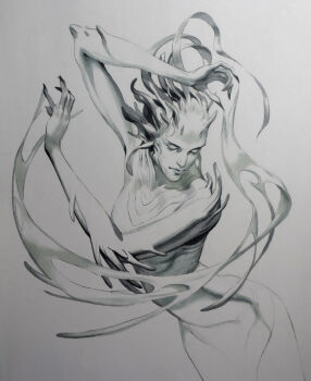 1other arm_up closed_eyes closed_mouth commentary elbow_spikes english_commentary expressionless fingernails graphite_(medium) greyscale head_spikes highres long_fingernails mermaid monochrome monster_boy monster_girl original shoulder_spikes simple_background solo spikes traditional_media viktortitov white_background