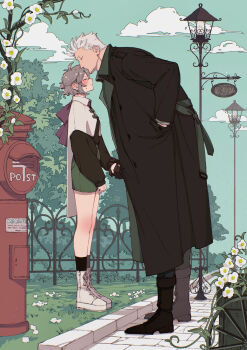 1boy 1girl absurdres antenna_hair black_boots black_coat black_socks black_sweater blush boots cape closed_eyes closed_mouth cloud coat collared_cape commentary_request couple day denim denim_skirt embarrassed facial_hair fence flower flower_pot from_side full_body goatee_stubble green_skirt grey_hair hand_in_pocket hetero highres holding_hands iron_fence japanese_cylindrical_postbox japanese_postal_mark kabane_(rjev8385) kiss kissing_forehead lace-up_boots lamppost leaning_forward long_sleeves miniskirt oc_x_canon one_piece original outdoors path pavement pencil_skirt plant platform_boots ponytail postbox_(outgoing_mail) profile road road_sign short_hair short_ponytail sign skirt sleeves_past_wrists small_sweatdrop smoker_(one_piece) socks standing stubble sweater swept_bangs vines white_boots white_cape white_flower white_hair
