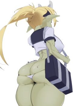 1girl artist_name ass ass_focus blonde_hair blue_sailor_collar breasts butt_crack colored_skin covered_erect_nipples cowboy_shot cropped_shirt female_focus female_goblin from_behind from_below from_side goblin green_skin huge_ass large_breasts lowleg lowleg_panties lycoris_(lyc0riss) original panties pointy_ears ponytail sailor_collar shirt simple_background solo standing sweat thick_thighs thighs underwear white_background white_panties white_shirt