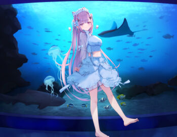 1girl absurdres animal_ears aquarium arms_behind_back bare_legs barefoot blue_background blue_bow blush bow breasts cat_ears closed_mouth dress eyelashes feet fish frilled_hairband frills full_body hair_bow hair_ornament hairband hairclip highres hitoshamu indie_virtual_youtuber jellyfish long_hair looking_at_viewer maid_headdress medium_breasts midriff pink_eyes pink_hair see-through_clothes see-through_sleeves shark soles solo standing standing_on_one_leg stingray toes very_long_hair virtual_youtuber water white_dress yuuki_sakuna