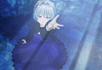 00s 1girl 3d blue_dress blue_theme darker_than_black dress female_focus hokusen outstretched_arm outstretched_hand purple_eyes reaching reaching_towards_viewer silver_hair solo water yin_(darker_than_black)