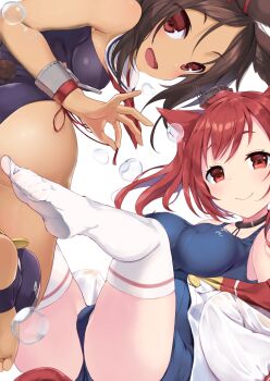 2girls animal_ears azur_lane black_hair blue_one-piece_swimsuit breasts bubble cat_ears clothing_cutout commentary_request dark-skinned_female dark_skin detached_collar dutch_angle eyes_visible_through_hair fang fang_out from_side highres i-19_(azur_lane) i-26_(azur_lane) looking_at_viewer multiple_girls no_shoes off_shoulder one-piece_swimsuit open_mouth p_answer rabbit_ears red_hair school_uniform simple_background sitting smile strapless strapless_one-piece_swimsuit swimsuit tail tail_through_clothes thighhighs thighs white_background white_legwear