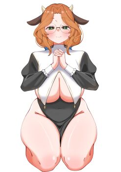 1girl alicja_da_lontano animal_ears black_robe blue_bow blush bow breast_curtains breast_cutout breasts brown_hair cleavage commission commissioner_upload covered_navel curvy glasses globie green_eyes hair_bow horns ks_(o6k6s) large_breasts long_hair mole mole_under_eye no_panties nun own_hands_clasped robe round_eyewear seiza sitting smile solo thick_thighs thighs virtual_youtuber white_background wide_hips wimple