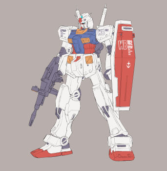 Rule 34 | absurdres, beam rifle, blue eyes, commentary request, earth federation, earth federation space forces, energy gun, grey background, gundam, highres, hizumi ms, mecha, mecha focus, mobile suit, mobile suit gundam, no humans, robot, roundel, rx-78-2 gundam, science fiction, shield, v-fin, weapon