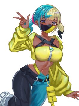 1girl aqua_hair aqua_pants artist_name black_hair black_pants blonde_hair canari_(pokemon) crop_top cropped_jacket dark-skinned_female dark_skin highres jacket long_sleeves looking_at_viewer mask midriff mouth_mask multicolored_hair navel nintendo open_clothes open_jacket pants pokemon pokemon_legends:_z-a puffy_sleeves short_hair solo split-color_clothes twintails two-tone_pants w white_background yellow_jacket zqzbq