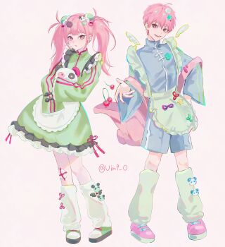 1boy 1girl absurdres alternate_costume animal_ears apron bag bandaid bear_ears bear_hair_ornament blue_shorts cherry chinese_clothes commentary crossed_bandaids dress dual_persona earrings food frilled_apron frills fruit full_body green_dress green_shorts hair_ornament highres holding holding_stuffed_toy jacket jewelry li_tianchen li_tianxi long_hair long_sleeves looking_at_viewer maid open_mouth panda pink_bag pink_eyes pink_hair shiguang_dailiren shoes short_hair shorts simple_background sleeves_past_fingers sleeves_past_wrists smile standing star_(symbol) star_hair_ornament stuffed_animal stuffed_panda stuffed_toy symbol-only_commentary twintails uin9_0 unconventional_maid waist_apron white_apron white_background wide_sleeves wings