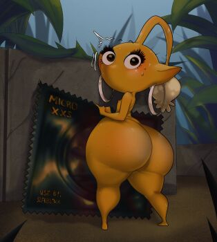 1girl absurdres artistic_error ass blue_eyeshadow blush colored_skin commentary completely_nude condom condom_wrapper earrings english_commentary eyelashes eyeshadow flat_chest full_body genderswap genderswap_(otf) highres holding holding_condom hoop_earrings huge_ass jewelry kneepits long_eyelashes looking_back mahmapuu makeup mini_person minigirl monster_girl nintendo nipples no_mouth no_nose nude pear-shaped_figure pikmin_(creature) pikmin_(series) pointy_ears shortstack solo sweat tiny wide_hips yellow_pikmin yellow_skin