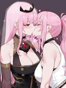2girls absurdres black_dress bluefield blush breasts cleavage closed_eyes crop_top dress dual_persona french_kiss highres hololive hololive_english kiss large_breasts long_hair mori_calliope mori_calliope_(1st_costume) mori_calliope_(streetwear) multiple_girls official_alternate_costume pink_eyes pink_hair ponytail selfcest tiara veil virtual_youtuber yuri