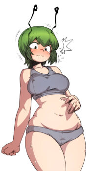 Rule 34 | 1girl, ^^^, aged up, antennae, blush, breasts, female focus, full-face blush, green hair, large breasts, navel, panties, plump, short hair, solo, spacezin, sports bra, sweat, tears, thighs, touhou, underwear, underwear only, wavy mouth, weight conscious, wide hips, wriggle nightbug