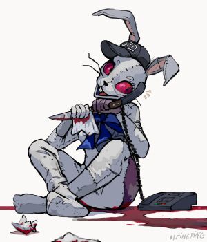 1girl :d absurdres alpineping animal_costume animal_ears baseball_cap black_hat blood blue_bow blue_bowtie bow bowtie buck_teeth commentary corded_phone cradling_phone crossed_ankles english_commentary eyelashes fake_animal_ears five_nights_at_freddy's five_nights_at_freddy's:_security_breach hands_up hat head_tilt highres holding holding_knife knife notice_lines open_mouth patchwork_clothes phone pool_of_blood rabbit_costume rabbit_ears red_eyes simple_background sitting smile solo talking_on_phone teeth tissue upper_teeth_only vanny_(fnaf) white_background