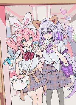 Rule 34 | 2girls, :<, alternate costume, animal ears, aqua eyes, aqua hair, bag, black pantyhose, castorice (honkai: star rail), character bag, character request, collared shirt, colored inner hair, commentary, contemporary, drill hair, fake animal ears, fox ears, gradient hair, grin, handbag, hashtag-only commentary, highres, holding, holding phone, honkai: star rail, honkai (series), hyacine (honkai: star rail), little ica (honkai: star rail), long hair, mimlmi, multicolored hair, multiple girls, neck ribbon, pantyhose, phone, pink hair, plaid clothes, plaid skirt, purple eyes, purple hair, purple ribbon, rabbit ears, red ribbon, ribbon, school uniform, shirt, skirt, smile, twin drills, very long hair, white shirt