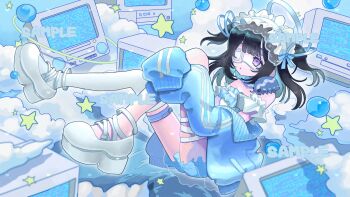 1girl bandaged_leg bandages bathynomus_giganteus black_hair blue_dress blue_jacket blue_ribbon blue_theme cloud commentary_request dress eyepatch frills full_body hairband hands_on_own_leg highres indie_virtual_youtuber jacket lolita_hairband medical_eyepatch monitor parted_lips platform_footwear poin_(goruchopame) purple_eyes ribbon sample_watermark short_hair single_thighhigh sleeves_past_fingers sleeves_past_wrists solo static suiu_memori tenshi_kaiwai thighhighs track_jacket two_side_up virtual_youtuber watermark white_footwear white_thighhighs