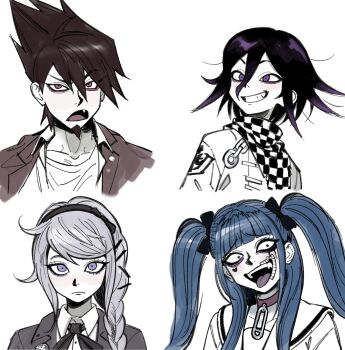 Rule 34 | 2boys, 2girls, absurdres, aegyo sal, amemiya darumi, black hair, blue hair, checkered clothes, checkered scarf, commentary, constricted pupils, crazy eyes, crazy smile, cropped torso, danganronpa (series), danganronpa v3: killing harmony, english commentary, eyelashes, facial hair, facial mark, fang, flipped hair, goatee, grey hair, grin, hair between eyes, hair ornament, heart, heart facial mark, highres, jacket, kirifuji nozomi, long hair, long sleeves, looking at viewer, looking to the side, medium hair, miri (bossu osu), momota kaito, multiple boys, multiple girls, muted color, oma kokichi, open clothes, open mouth, purple eyes, purple facial hair, purple hair, scarf, serious, shirt, short hair, sidelocks, smile, spiked hair, teeth, the hundred line -last defense academy-, twintails, white background, white shirt