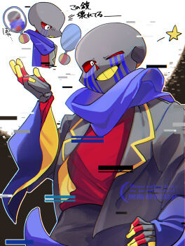 1boy ;d alternate_universe black_jacket black_pants blue_outline blue_scarf chibi chibi_inset chromatic_aberration colored_sclera colored_teeth commentary_request cowboy_shot errortale facial_mark from_below furrowed_brow glitch grin hand_mirror hand_on_own_hip hand_up highres jacket lapels long_sleeves looking_at_mirror looking_at_viewer male_focus mirror one_eye_closed open_clothes open_jacket open_mouth outline pants puffy_long_sleeves puffy_sleeves r_5140 red_sclera red_shirt sans_(undertale) scarf shirt simple_background skeleton smile solo standing star_(symbol) translation_request two-sided_fabric two-sided_jacket undertale utdr_(toby_fox) white_background white_eyes wide_sleeves yellow_jacket yellow_teeth yellow_trim