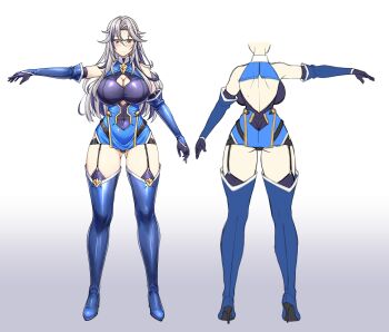 1girl ass back backboob bare_shoulders blue_gloves blush boots breasts cleavage closed_mouth clothing_cutout commentary_request commission covered_navel dress elbow_gloves full_body garter_straps glasses gloves gluteal_fold grey_hair high_heel_boots high_heels highres large_breasts long_hair looking_at_viewer multicolored_hair multiple_views original reference_sheet satou_terumasa second-party_source skeb_commission thick_thighs thigh_boots thighhighs thighs two-tone_hair yellow_eyes yuril_sylvion
