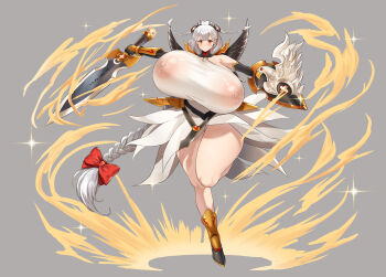 1girl bare_shoulders blush bouncing_breasts breasts curvy daien dark_valkyrie_(p&amp;d) dress female_focus gigantic_breasts girl_on_top grey_background grey_hair hair_ribbon holding holding_shield holding_sword holding_weapon long_hair looking_at_viewer magic nipples ponytail puzzle_&amp;_dragons red_eyes red_ribbon ribbon see-through_clothes see-through_shirt shield shirt solo sparkle standing sword thick_thighs thighs valkyrie_(p&amp;d) very_long_hair weapon white_dress wide_hips wings