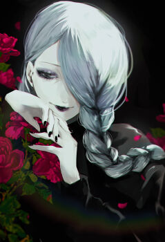 1girl azuma_kurumi black_background black_eyes black_lips black_nails black_shirt braid commentary_request ear_piercing earrings eyeshadow falling_petals flower flower-shaped_pupils hair_over_one_eye hair_over_shoulder highres jewelry jujutsu_kaisen leaf lens_flare long_hair long_sleeves looking_down makeup mei_mei_(jujutsu_kaisen) nail_polish one_eye_covered petals piercing purple_eyeshadow rainbow red_flower red_petals red_rose rose rose_petals shirt smile solo solo_focus symbol-shaped_pupils white_hair