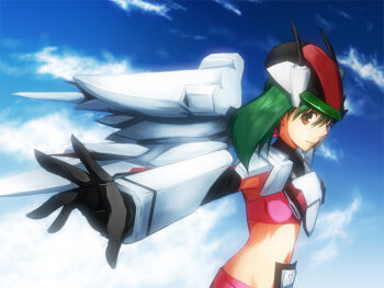 1girl cloud cosplay day female_focus green_hair macross macross_frontier macross_frontier:_itsuwari_no_utahime mecha mecha_musume natuki_touji outdoors ranka_lee robot sky solo vf-25 vf-25_(cosplay)