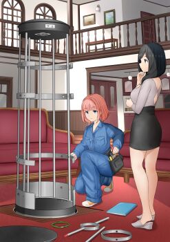 Rule 34 | 2girls, absurdres, black hair, blue eyes, blue jumpsuit, cage, commentary request, commission, couch, epicary radz, female focus, highres, indoors, jumpsuit, kneeling, lily (epicary radz), medium hair, multiple girls, original, painting (object), pencil skirt, picture frame, pink hair, pixiv commission, screwdriver, skirt, standing, tool belt, variant set, wedge heels, window