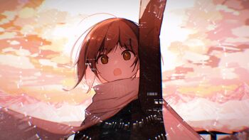 1girl :o arm_up asya_shubina brown_coat brown_eyes brown_hair cloud cloudy_sky coat commentary english_commentary hashtag-only_commentary highres looking_at_viewer mountain orange_sky pink_scarf portrait pseudoc01or scarf sky solo yellow_pupils z.a.t.o._//_i_love_the_world_and_everything_in_it