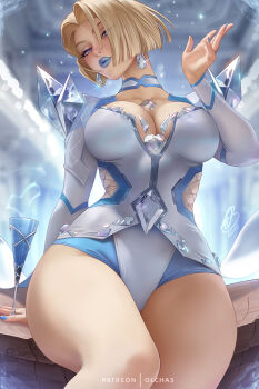 1girl blonde_hair blue_eyes blue_lips blue_nails breasts champagne_flute choker cleavage cup diamond_(gemstone) drinking_glass earrings emma_frost head_tilt highres jewelry large_breasts leotard lipstick looking_at_viewer makeup marvel marvel_rivals multicolored_leotard olchas short_hair sitting solo thick_thighs thighs white_choker x-men