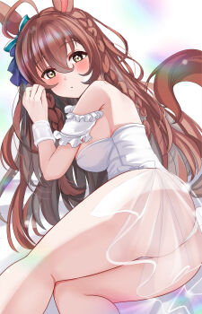 1girl ahoge animal_ears ass bare_shoulders blush bow braid breasts brown_eyes brown_hair ear_bow hair_between_eyes hair_ornament hanamura_pink highres horse_ears horse_girl horse_tail large_breasts leotard long_hair looking_at_viewer mejiro_bright_(umamusume) side_braids solo tail twin_braids umamusume white_leotard