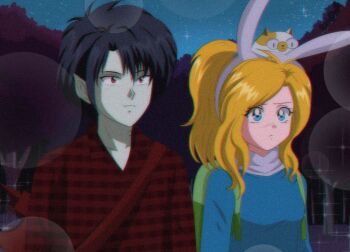 Rule 34 | 1990s (style), 1boy, 2girls, adventure time, adventure time: fionna and cake, animal hood, animification, backpack, bag, black hair, blonde hair, brenni murasaki, cake the cat, colored skin, fionna campbell, grey skin, hood, long hair, marshall lee, multiple girls, pants, pointy ears, rabbit hood, retro artstyle, shirt, short hair, vampire