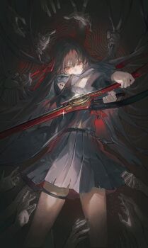 1girl arm_cutout black_hair black_jacket black_shirt black_skirt cat_thigh_strap chisa_(wuthering_waves) closed_mouth clothing_cutout commentary hair_ribbon highres holding holding_sword holding_weapon jacket krin_(krinnin) long_hair long_sleeves looking_at_viewer mole mole_under_eye neckerchief outstretched_arm red_eyes red_neckerchief red_ribbon ribbon shirt skirt solo sword tacet_mark_(wuthering_waves) thighs two-handed very_long_hair weapon wuthering_waves