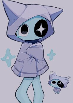 animal_ear_hood astro_(dandy&#039;s_world) black_eyes blue_skin blush blush_stickers chibi chibi_inset chibi_only colored_skin dandy&#039;s_world fake_animal_ears full_body grey_background highres hood k2s2kv looking_up no_pants rain_poncho roblox simple_background solo solo_focus standing