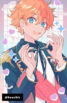 1boy adjusting_bow akehoshi_subaru artist_name black_jacket blue_eyes bow commentary ensemble_stars! hair_between_eyes heart jacket long_sleeves looking_at_viewer male_focus mym open_clothes open_jacket open_mouth orange_hair plaid_bow red_sash sash short_hair solo symbol-only_commentary teeth upper_body