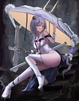 1girl absurdres armor breasts cleavage closed_mouth clothing_cutout full_body goddess_of_victory:_nikke grey_hair hair_between_eyes hand_on_headwear hat highres japanese_armor jingasa large_hat leotard long_hair looking_at_viewer medium_breasts meginalter ruins scarlet_(nikke) shoulder_armor sitting smile sode sword weapon weapon_on_back white_leotard yellow_eyes