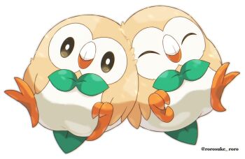 Rule 34 | animal focus, bird, black eyes, bright pupils, closed mouth, commentary request, gen 7 pokemon, highres, nintendo, no humans, open mouth, owl, pokemon, pokemon (creature), pokemon focus, rorosuke, rowlet, smile, twitter username, white background, white pupils